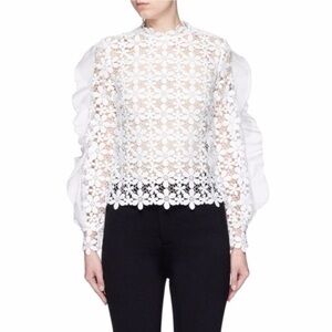Self Portrait Flounce Floral-Patterned Lace Mock Neck Blouse White Size 4
